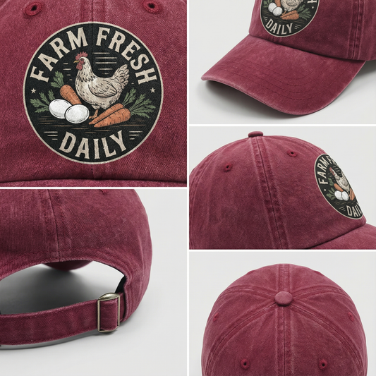 Farm Fresh Daily ā Rustic Market Badge Washed Cap