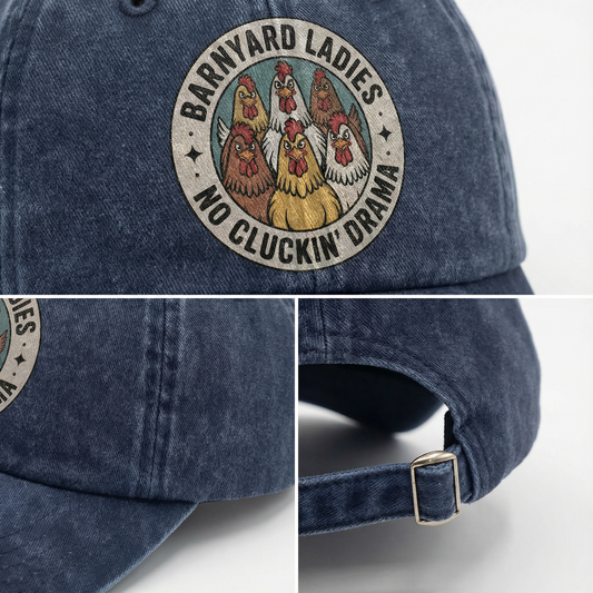 Barnyard Ladies ā No Cluckinā Drama Retro Graphic Washed Cap