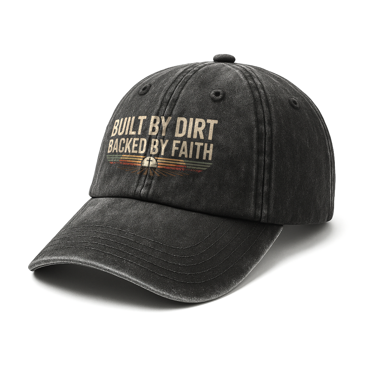 Built by Dirt, Backed by Faith – Sunset Cross Retro Graphic Washed Cap