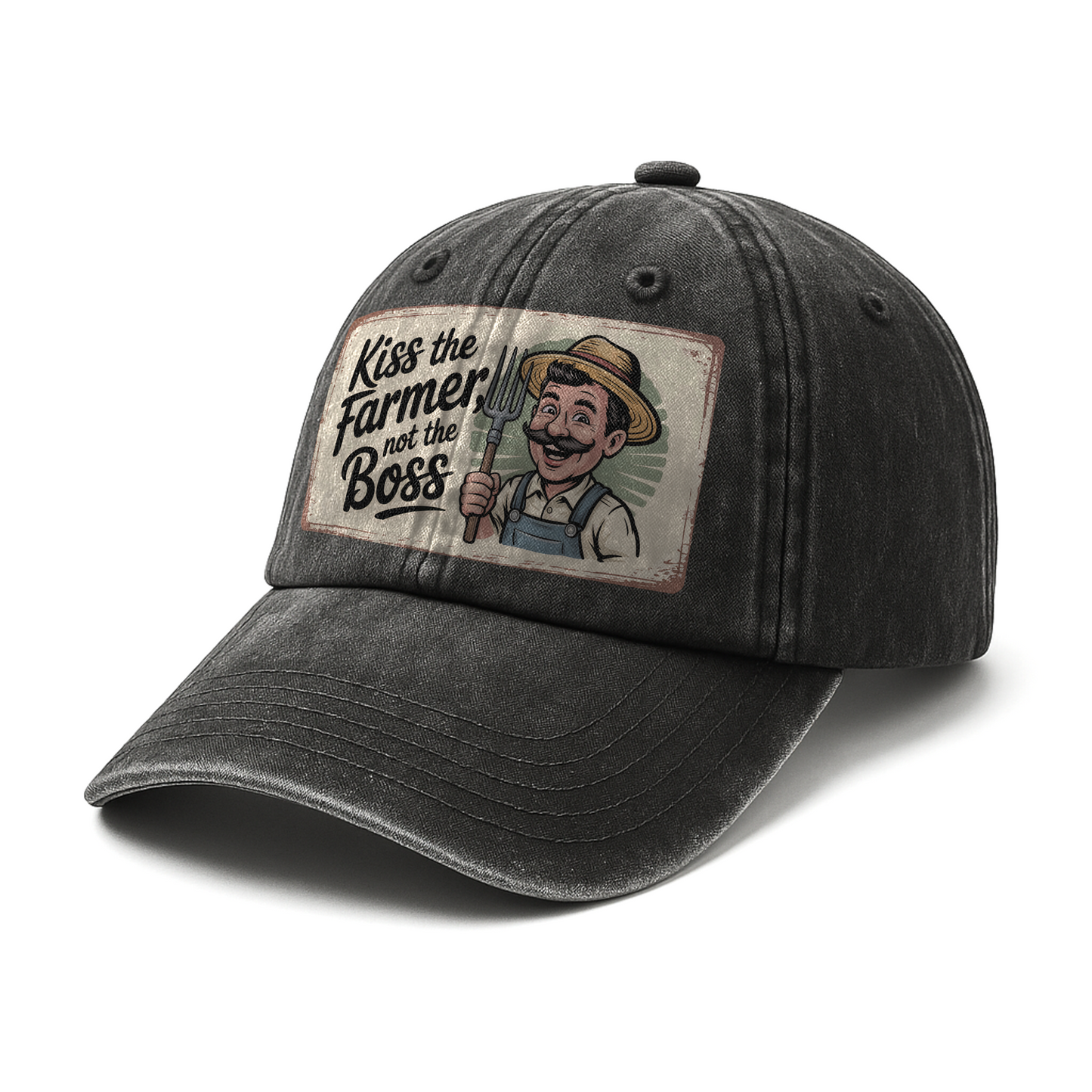 Kiss the Farmer, Not the Boss - Retro Cartoon Washed Cap