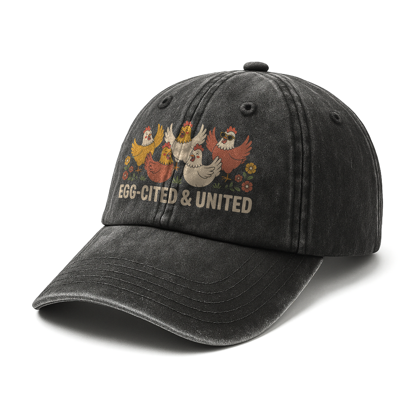 Egg-cited & United – Cheerful Hen Squad Floral Graphic Washed Cap
