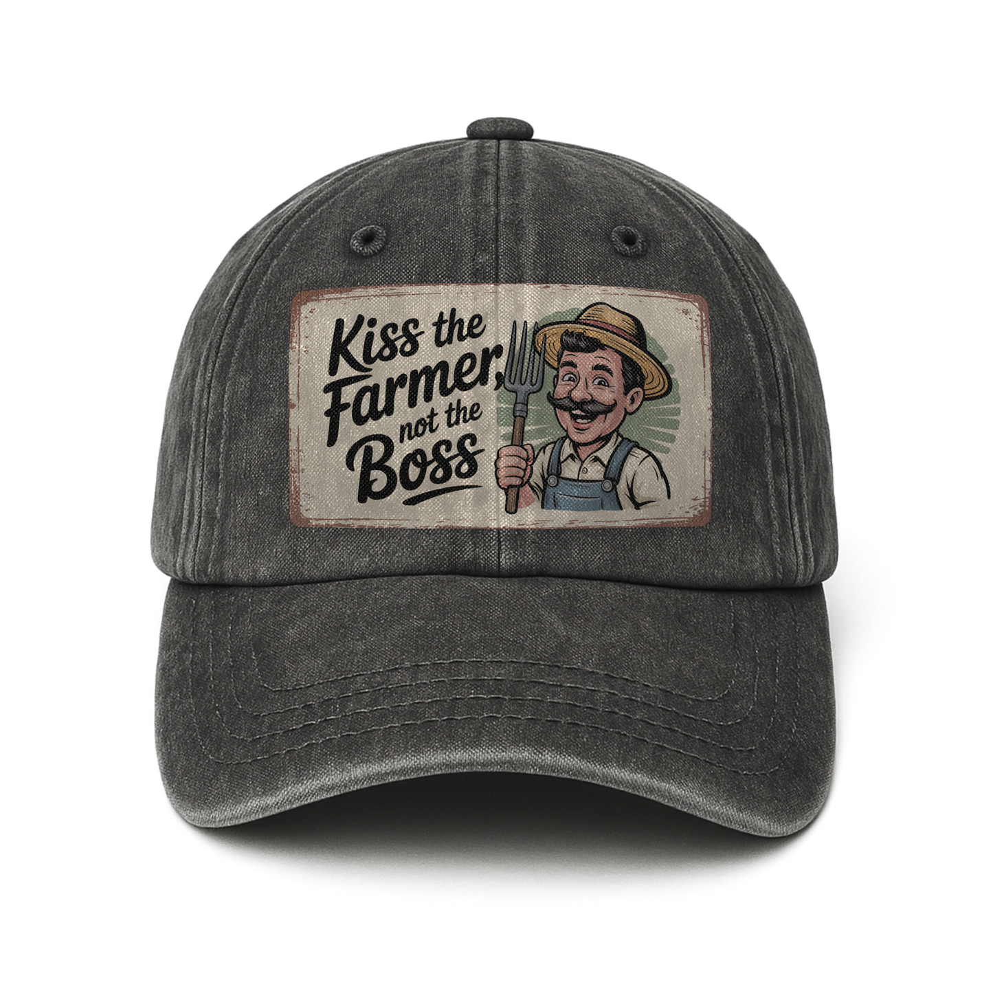 Kiss the Farmer, Not the Boss - Retro Cartoon Washed Cap