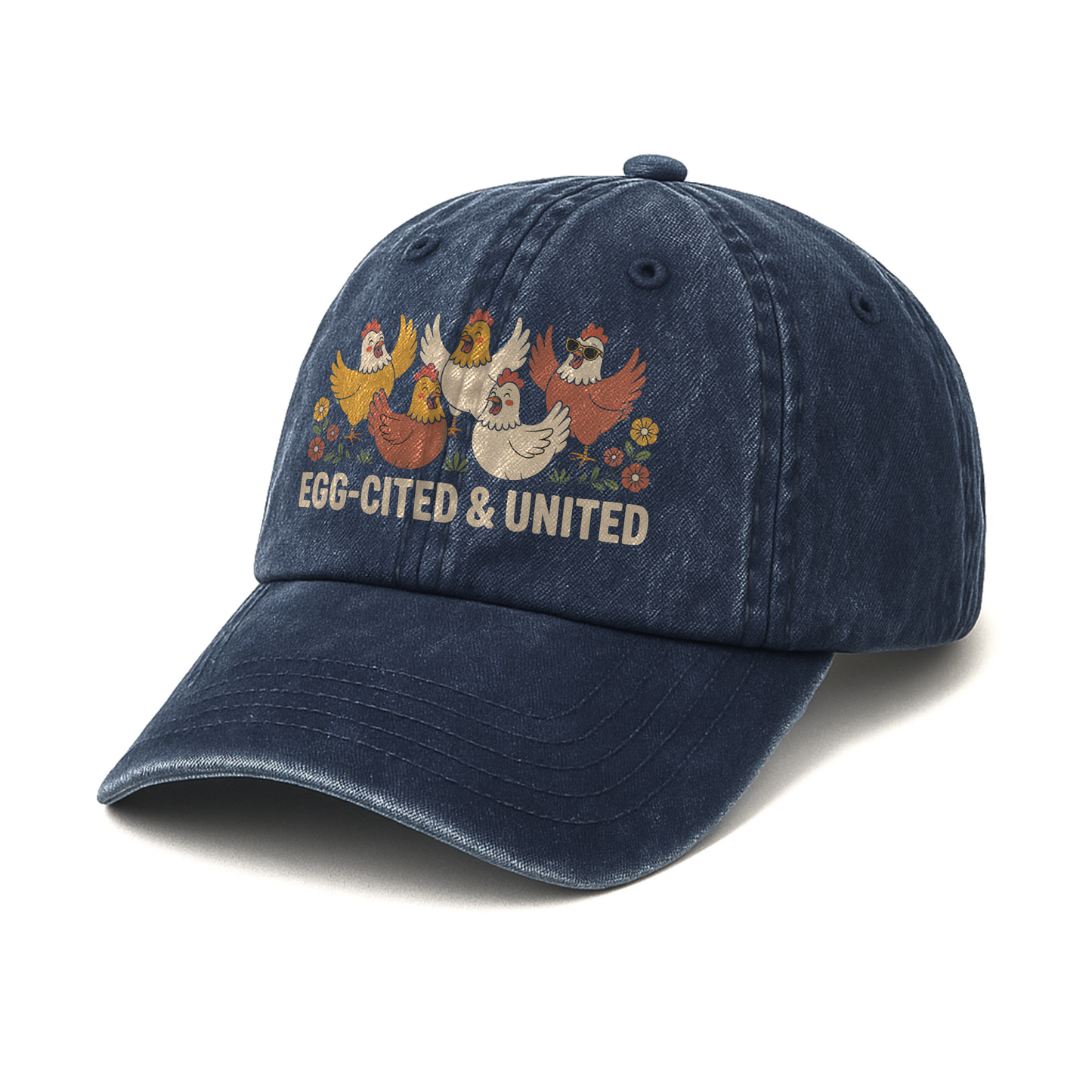 Egg-cited & United – Cheerful Hen Squad Floral Graphic Washed Cap
