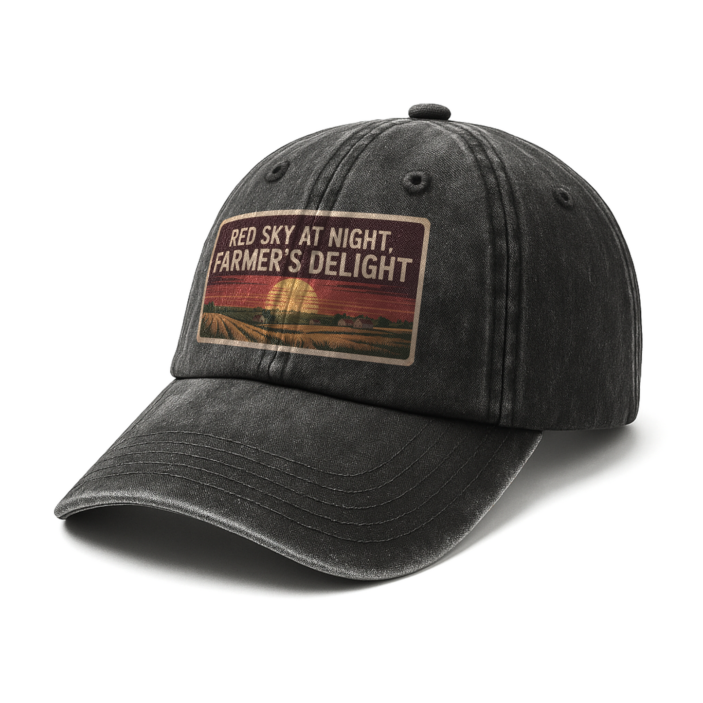 Red Sky at Night, Farmer's Delight – Vintage Sunset Poster Washed Cap