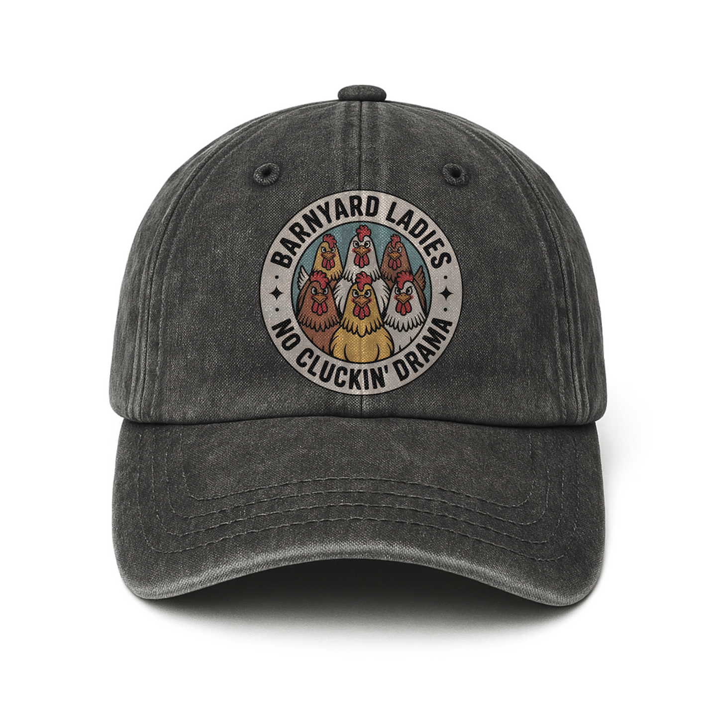 Barnyard Ladies – No Cluckin’ Drama Retro Graphic Washed Cap
