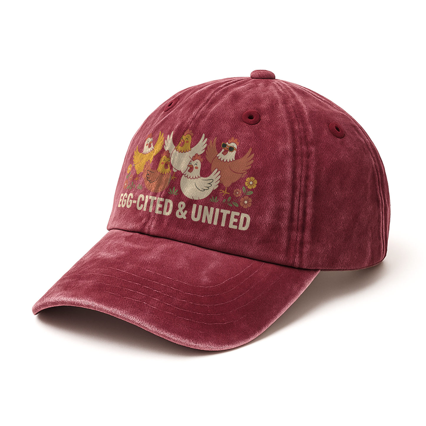 Egg-cited & United – Cheerful Hen Squad Floral Graphic Washed Cap