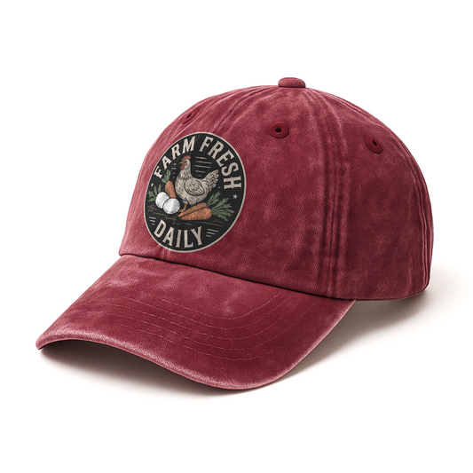 Farm Fresh Daily – Rustic Market Badge Washed Cap