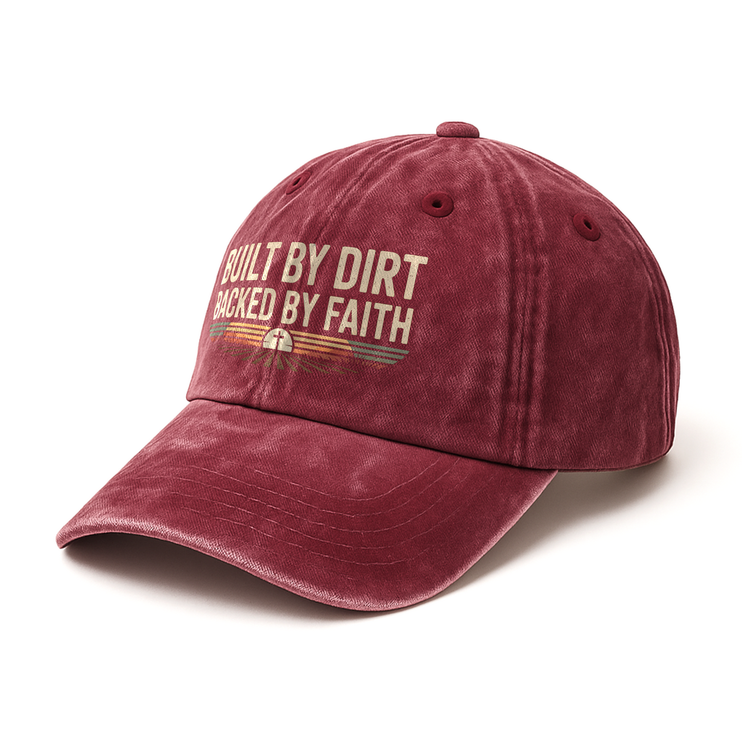 Built by Dirt, Backed by Faith – Sunset Cross Retro Graphic Washed Cap