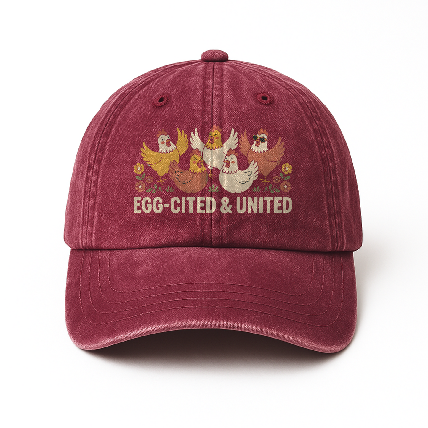 Egg-cited & United – Cheerful Hen Squad Floral Graphic Washed Cap