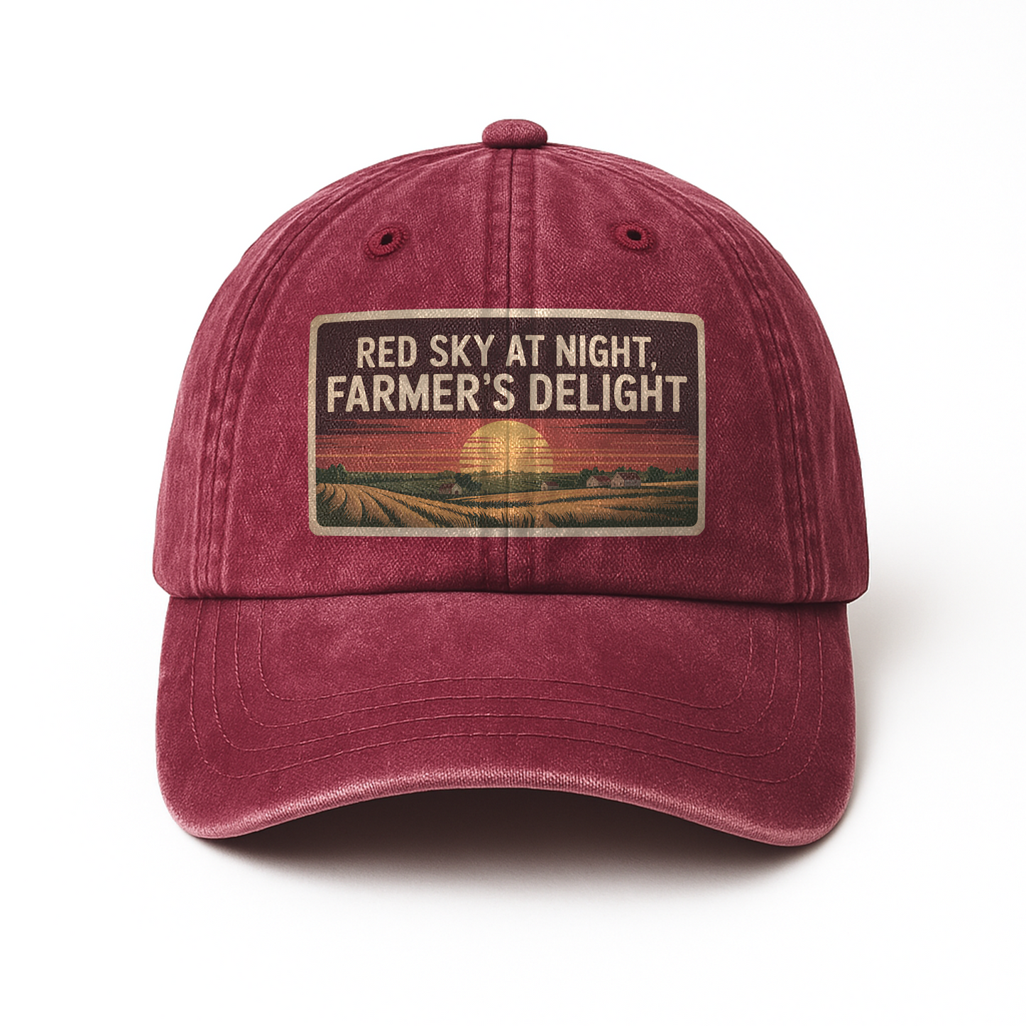 Red Sky at Night, Farmer's Delight – Vintage Sunset Poster Washed Cap