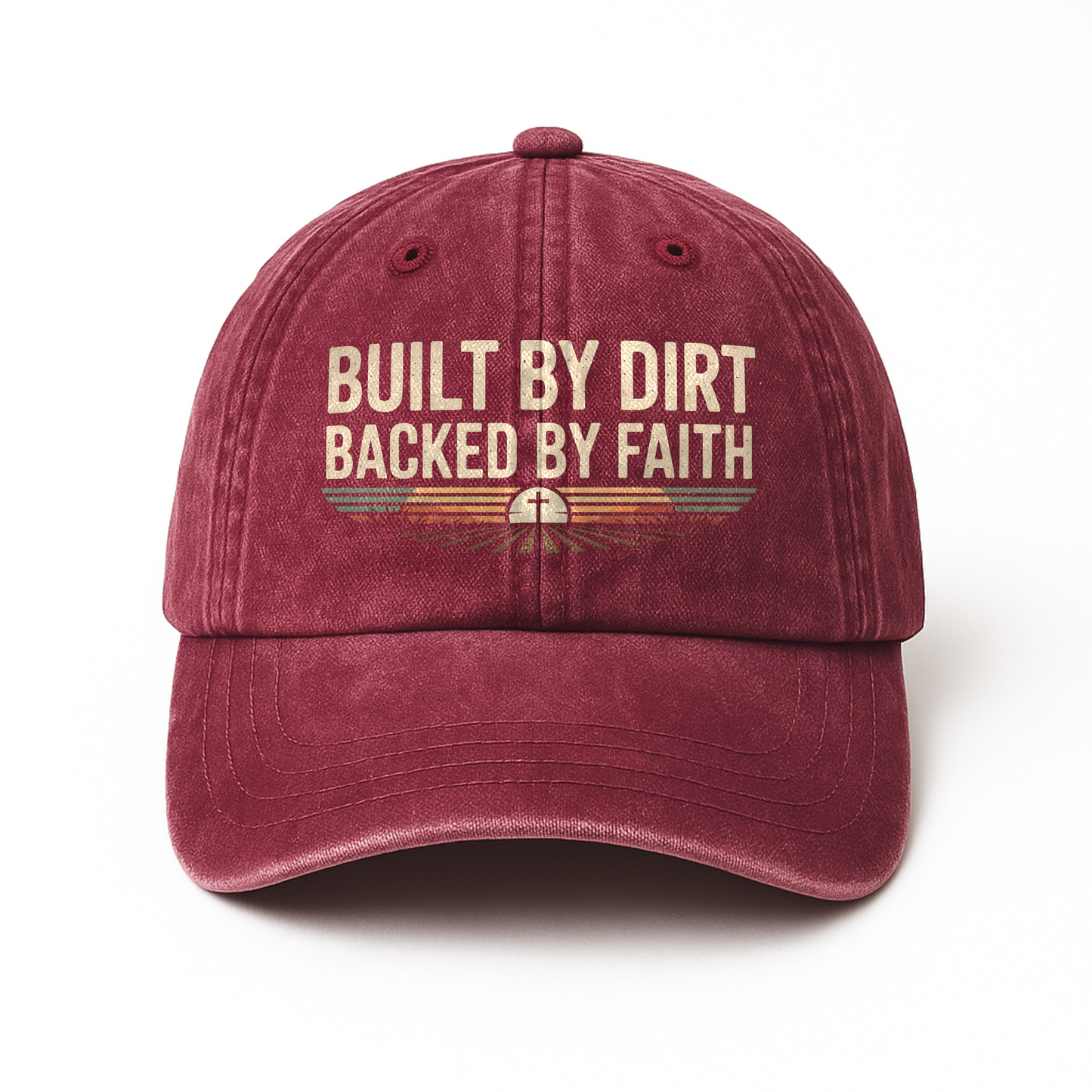 Built by Dirt, Backed by Faith – Sunset Cross Retro Graphic Washed Cap