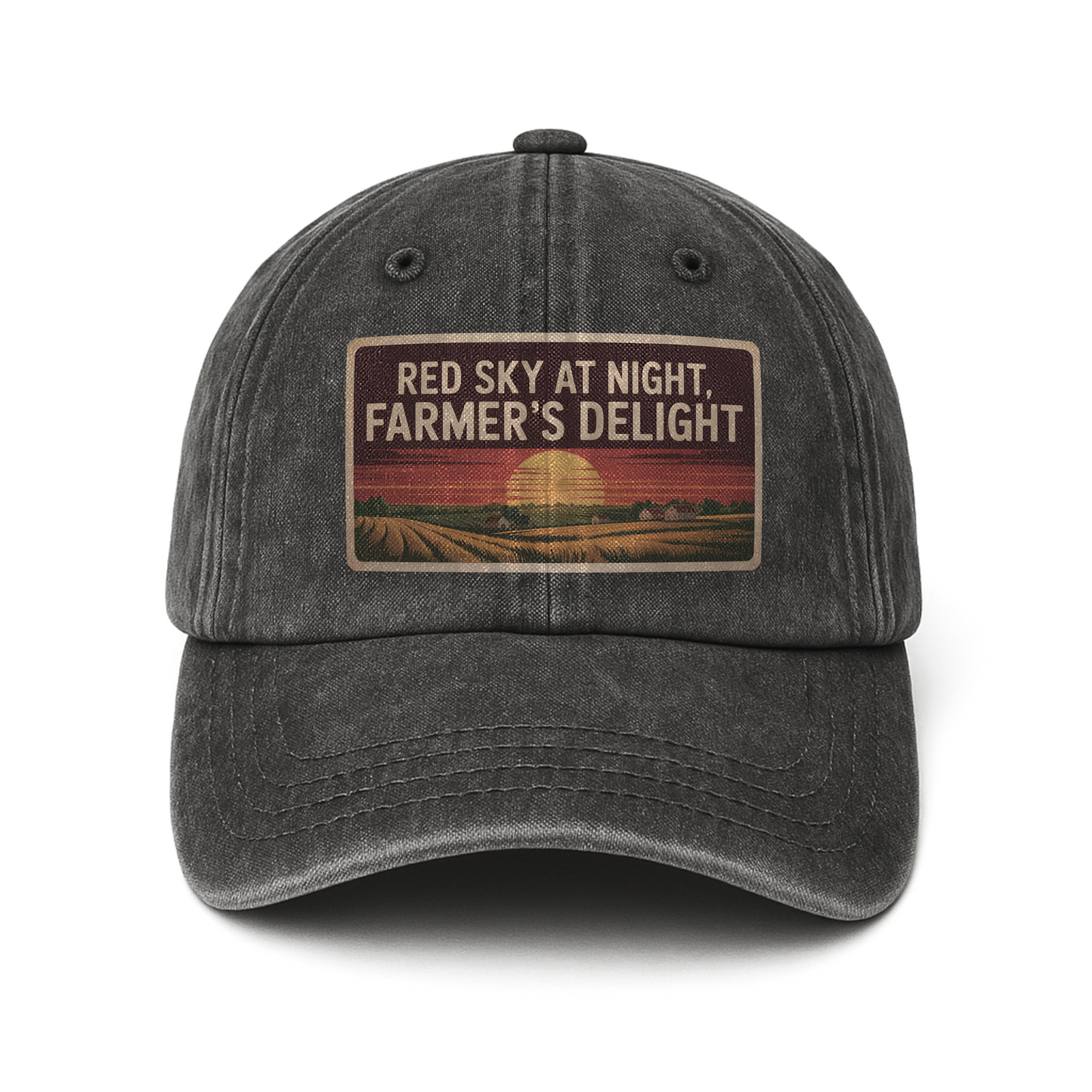Red Sky at Night, Farmer's Delight – Vintage Sunset Poster Washed Cap