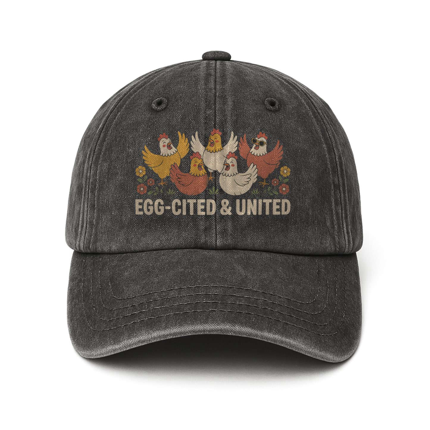 Egg-cited & United – Cheerful Hen Squad Floral Graphic Washed Cap