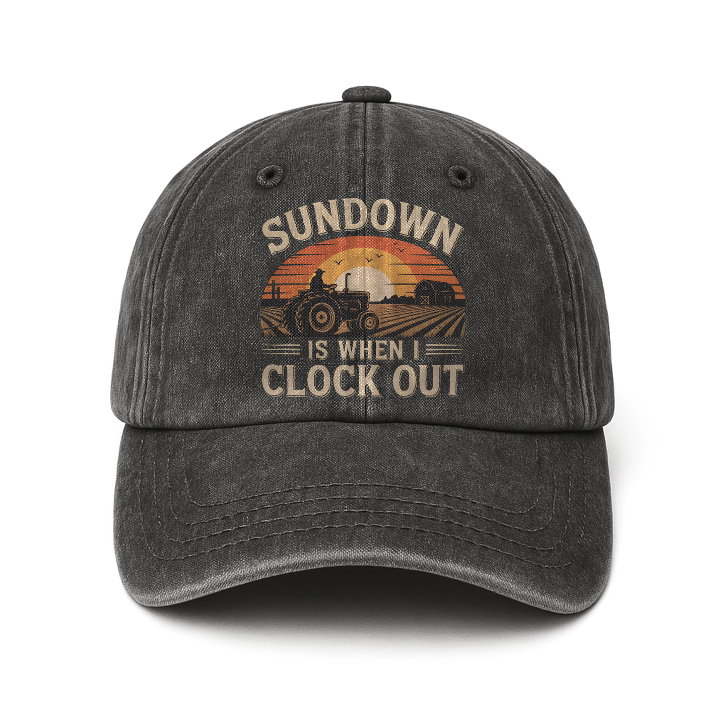 Sundown Is When I Clock Out – Retro Graphic Washed Cap