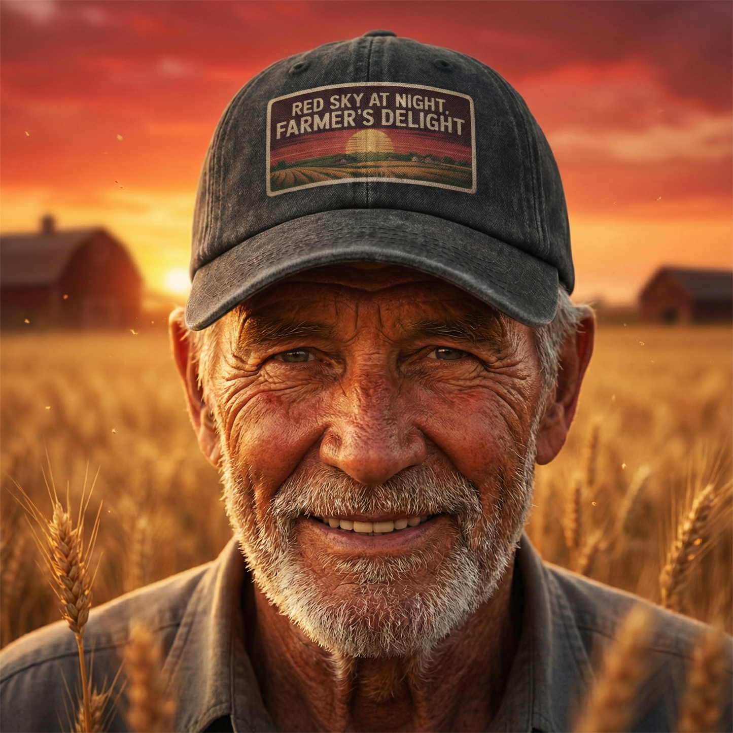 Red Sky At Night Farmers Delight – Vintage Sunset Poster Washed Cap