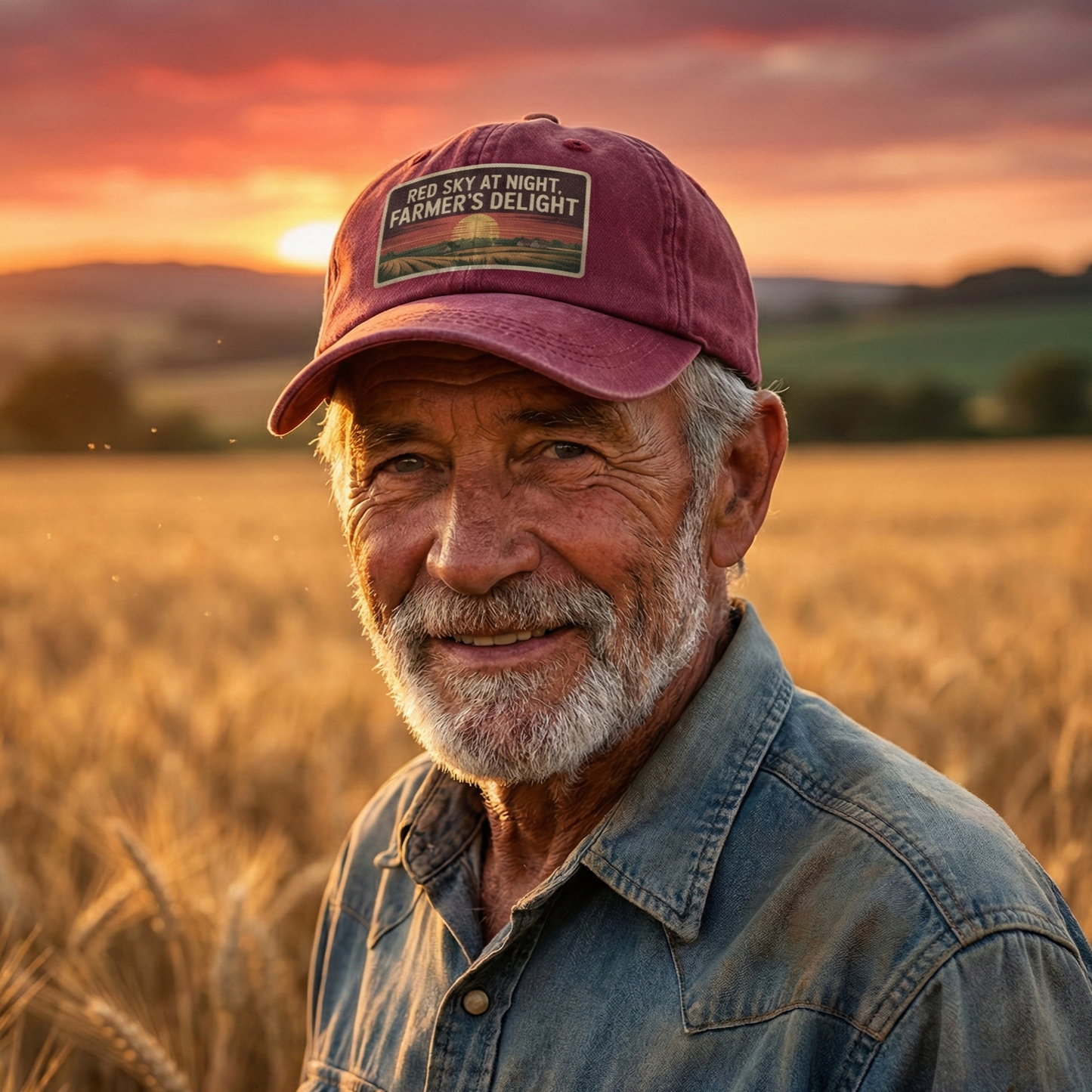 Red Sky At Night Farmers Delight – Vintage Sunset Poster Washed Cap