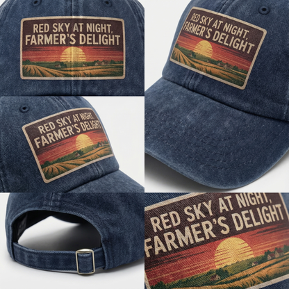 Red Sky At Night Farmers Delight – Vintage Sunset Poster Washed Cap