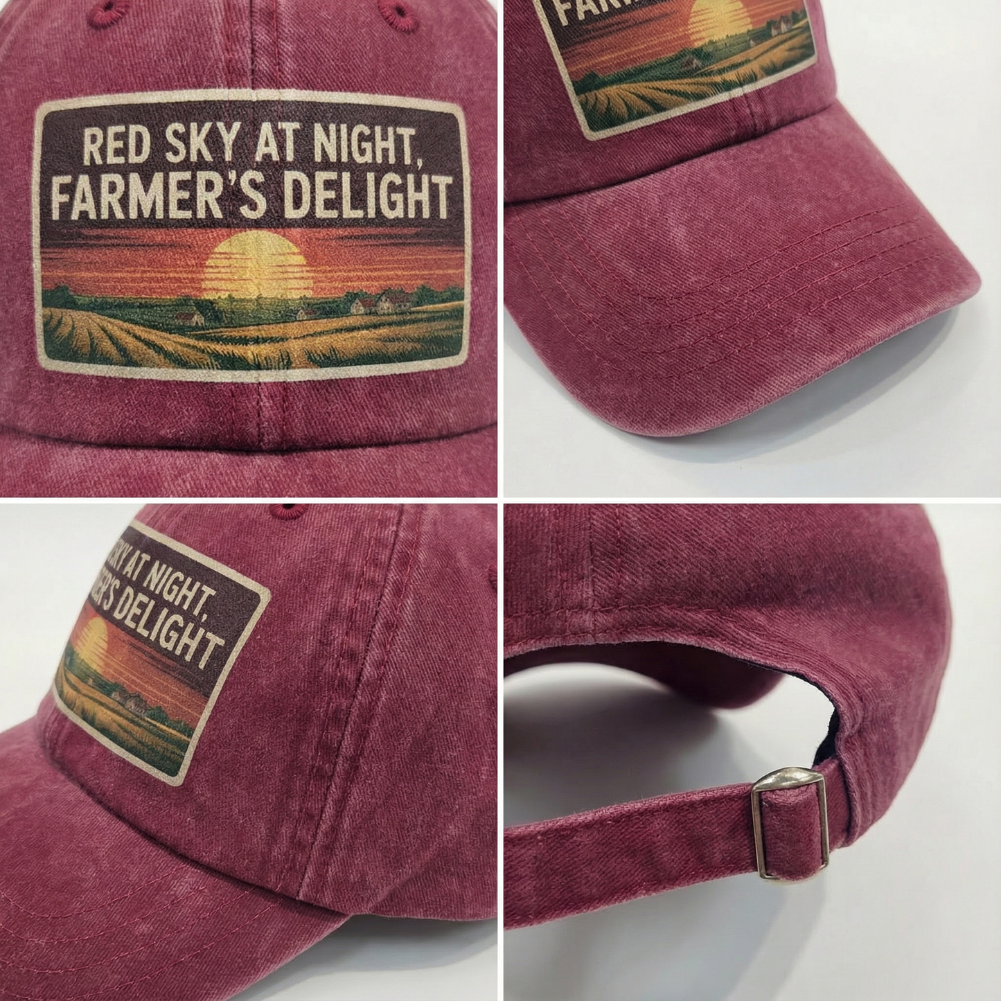 Red Sky At Night Farmers Delight – Vintage Sunset Poster Washed Cap