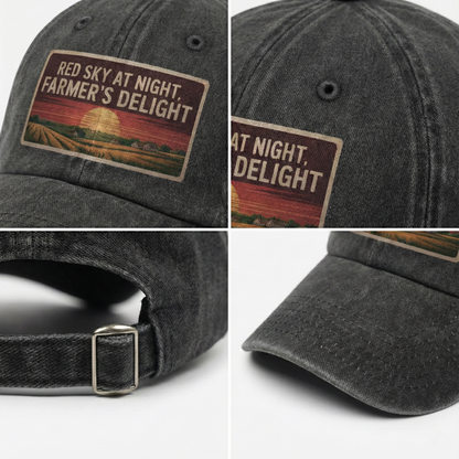 Red Sky At Night Farmers Delight – Vintage Sunset Poster Washed Cap
