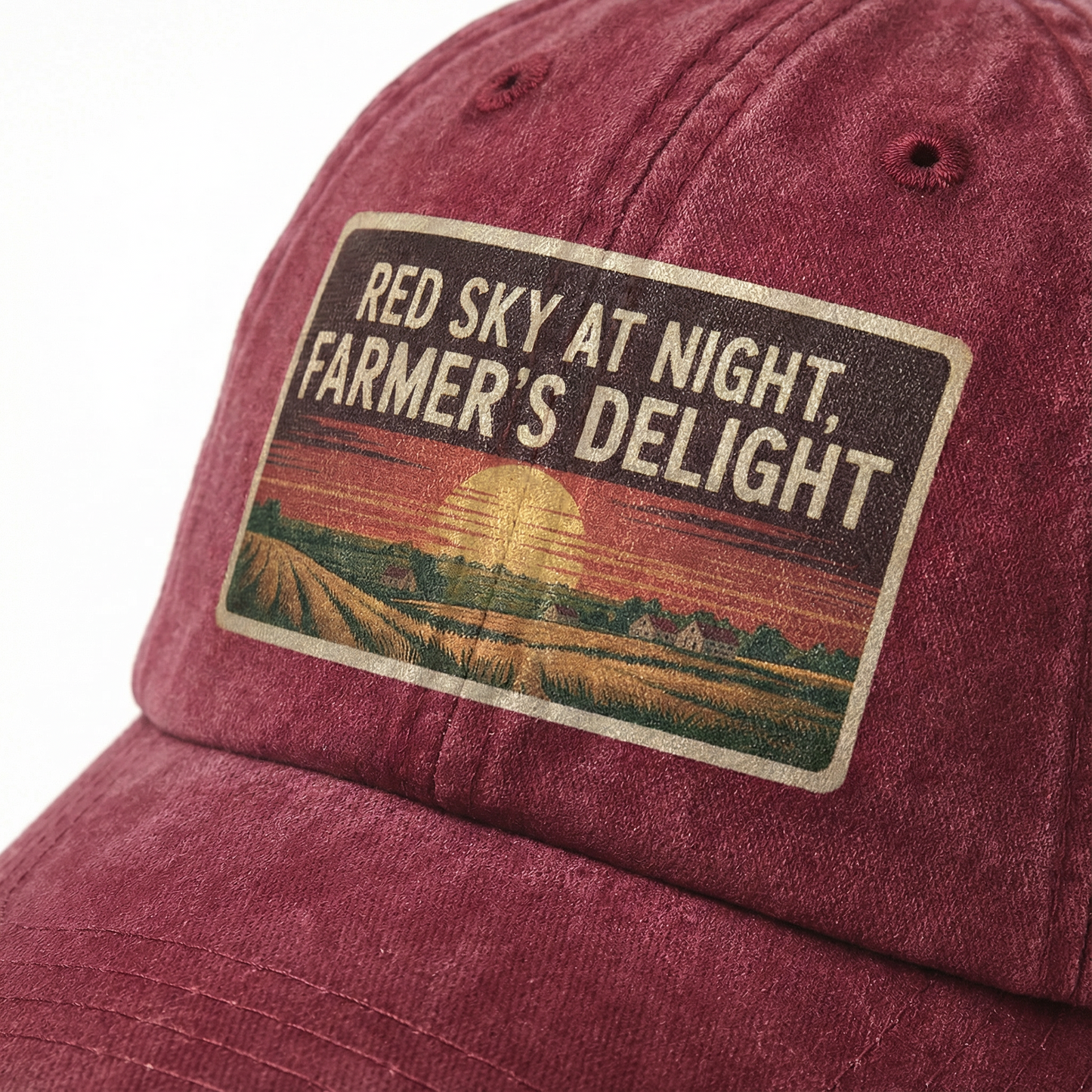 Red Sky At Night Farmers Delight – Vintage Sunset Poster Washed Cap