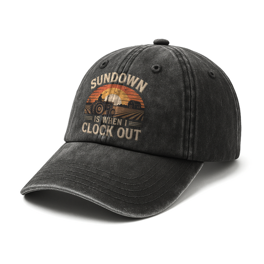 Sundown Is When I Clock Out – Retro Graphic Washed Cap