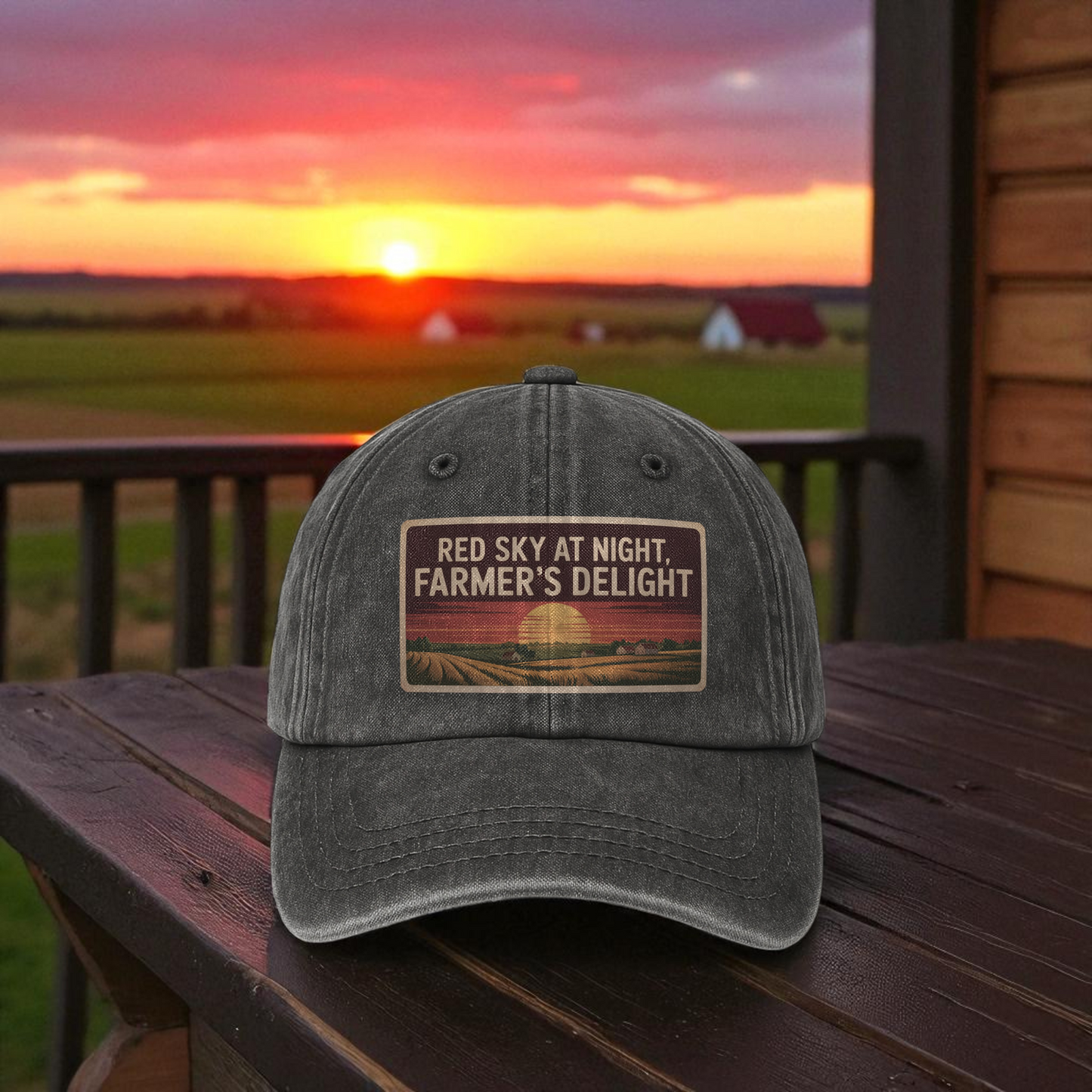Red Sky At Night Farmers Delight – Vintage Sunset Poster Washed Cap