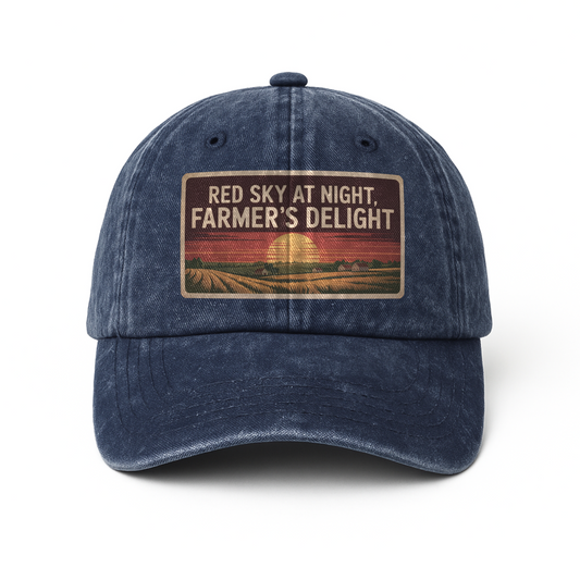 Red Sky at Night, Farmer's Delight – Vintage Sunset Poster Washed Cap