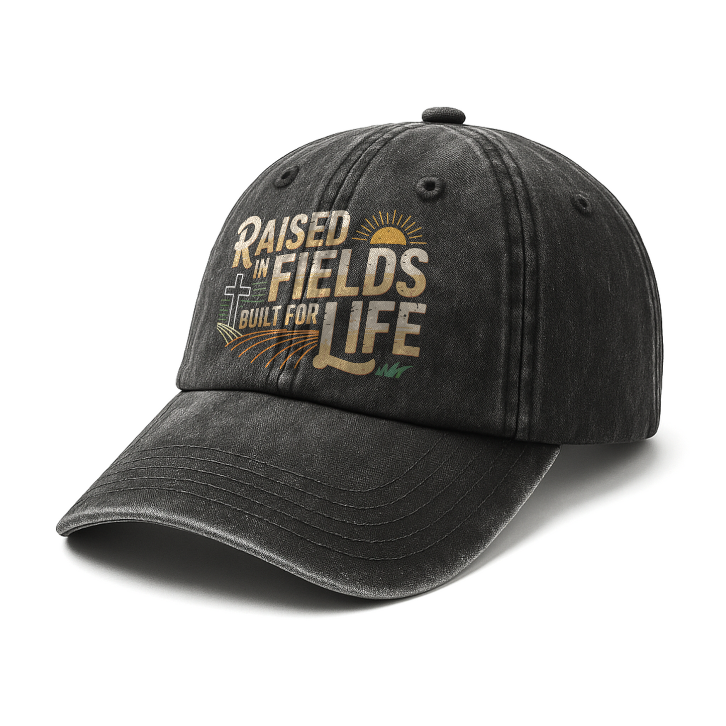 Raised in Fields Built for Life – Faith & Farm Life Washed Cap