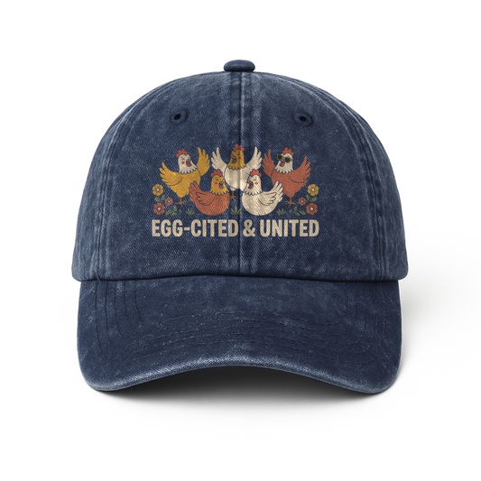 Egg-cited & United – Cheerful Hen Squad Floral Graphic Washed Cap