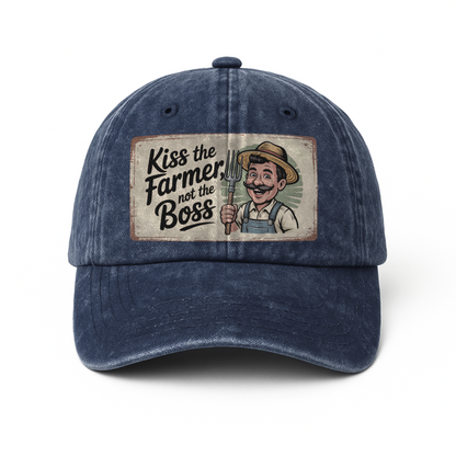 Kiss the Farmer, Not the Boss - Retro Cartoon Washed Cap