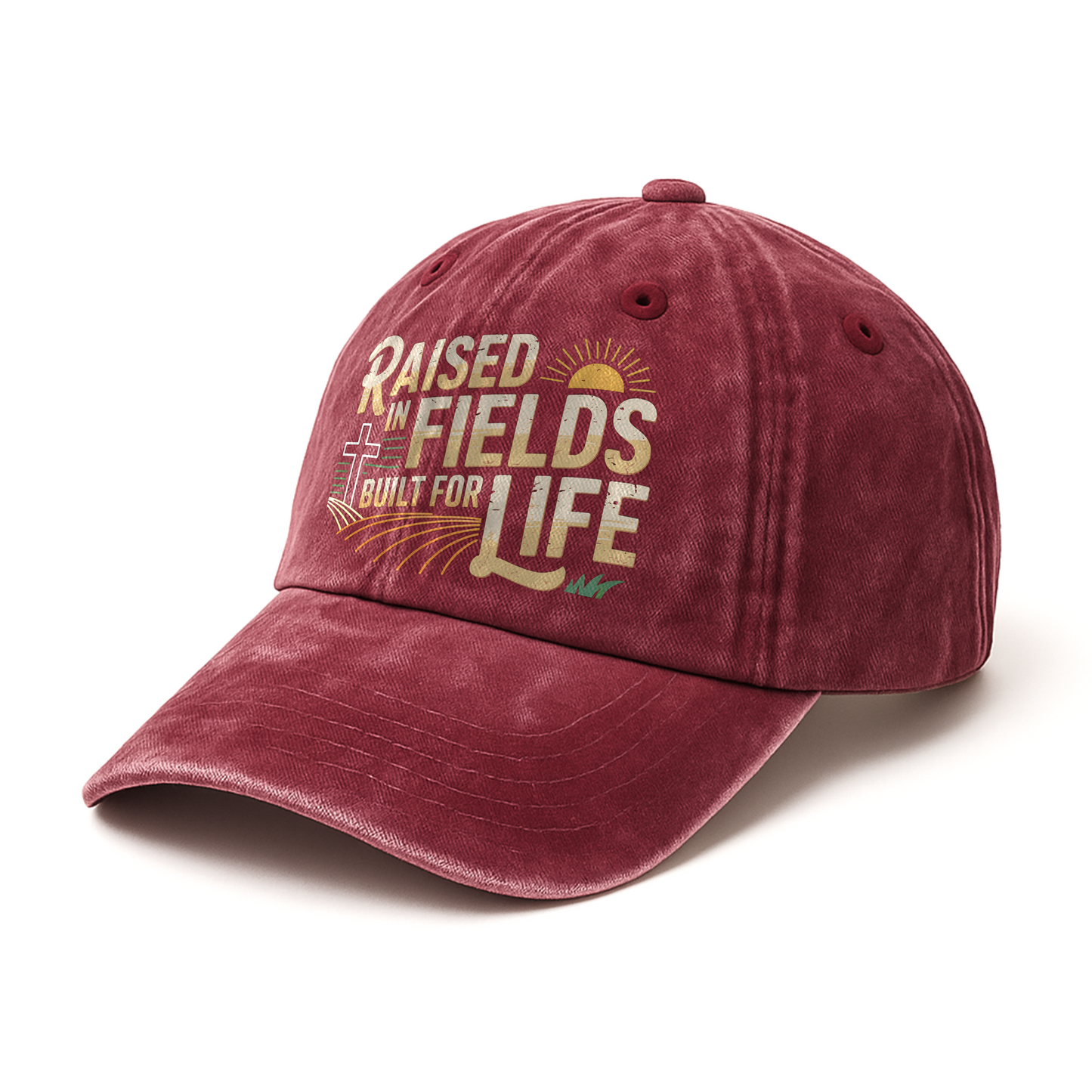 Raised in Fields Built for Life – Faith & Farm Life Washed Cap