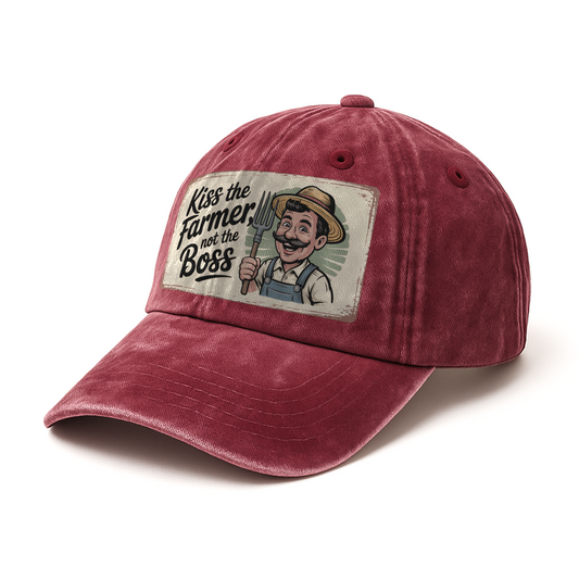 Kiss the Farmer, Not the Boss - Retro Cartoon Washed Cap