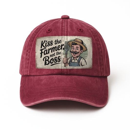 Kiss the Farmer, Not the Boss - Retro Cartoon Washed Cap