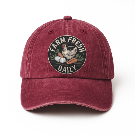Farm Fresh Daily – Rustic Market Badge Washed Cap