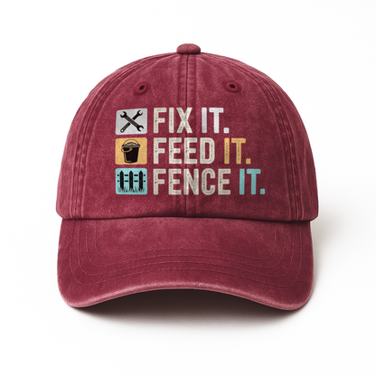 Fix It Feed It Fence It – Farm Life Icons Washed Cap