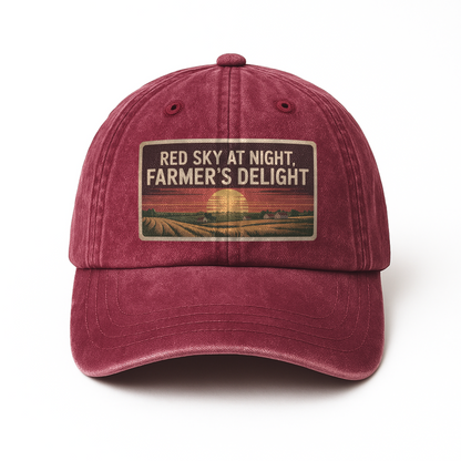 Red Sky at Night, Farmer's Delight – Vintage Sunset Poster Washed Cap