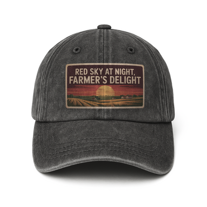 Red Sky at Night, Farmer's Delight – Vintage Sunset Poster Washed Cap