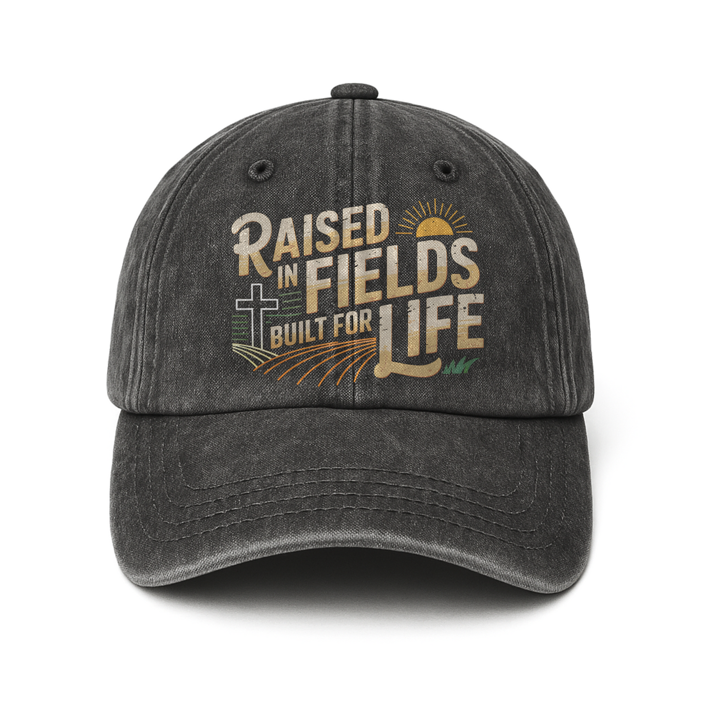 Raised in Fields Built for Life – Faith & Farm Life Washed Cap