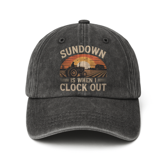 Sundown Is When I Clock Out – Retro Graphic Washed Cap