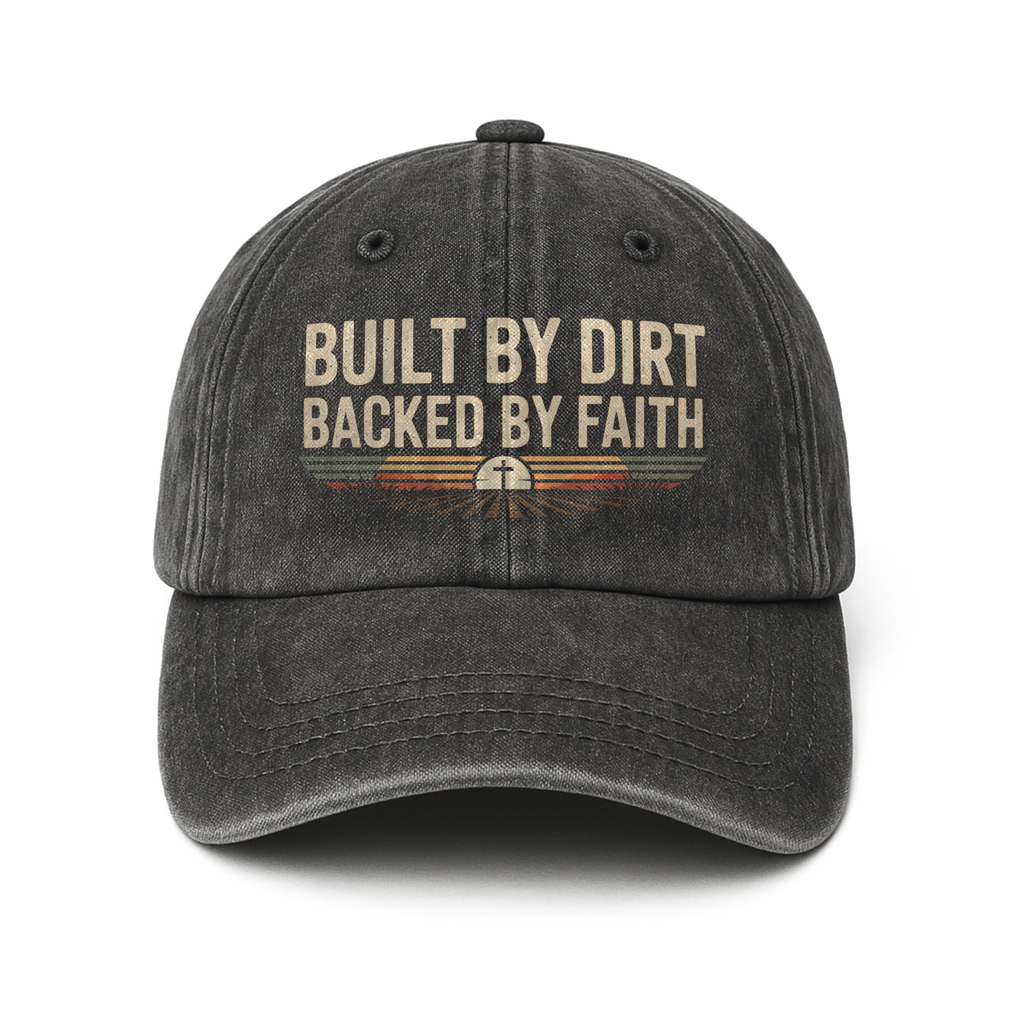 Built by Dirt, Backed by Faith – Sunset Cross Retro Graphic Washed Cap
