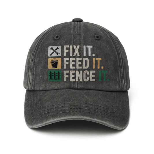 Fix It. Feed It. Fence It. – Farm Life Icons Graphic Washed Cap